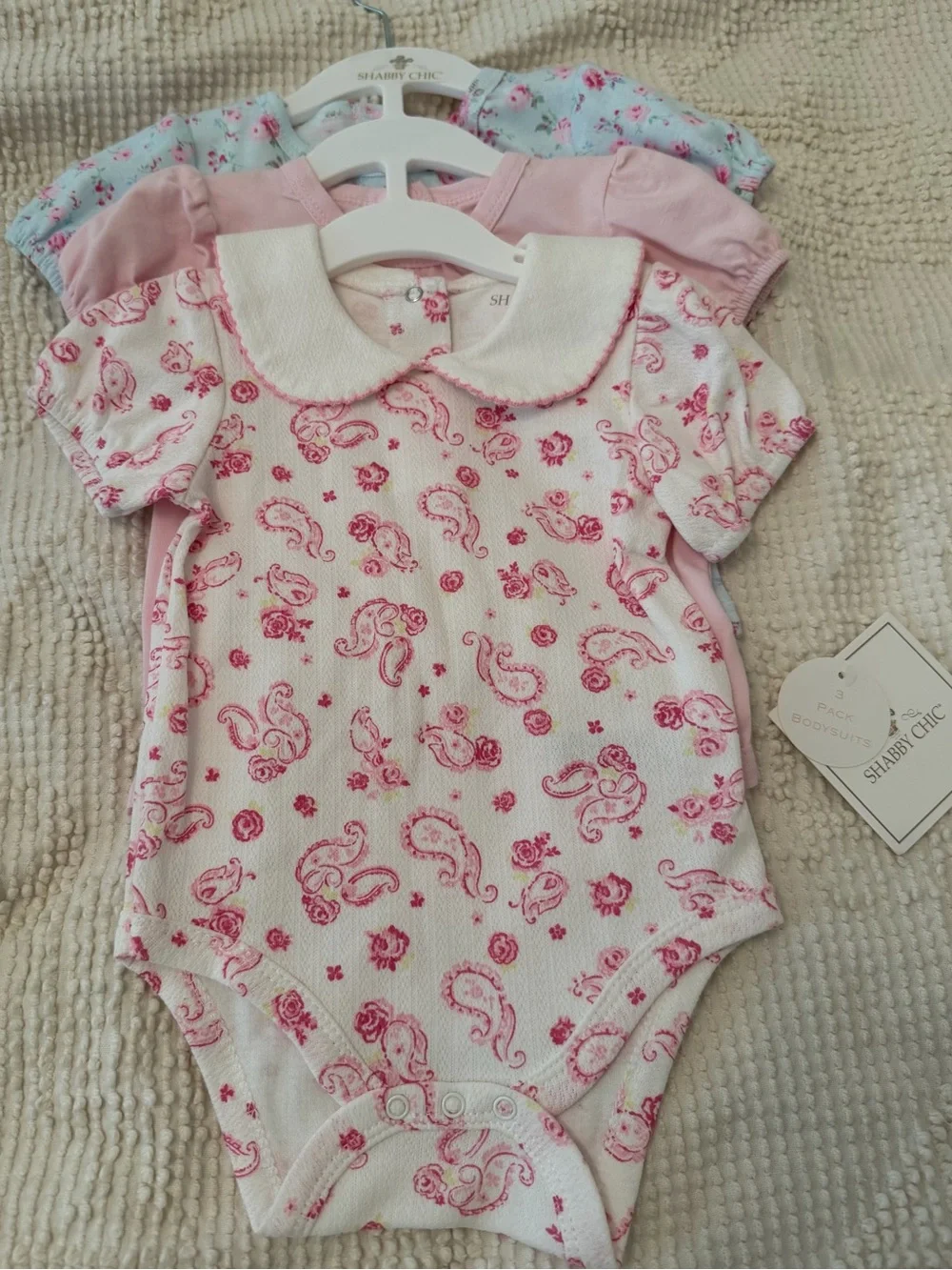 NWT~ Shabby Chic 3 pack of babies onesies. 6-9 months